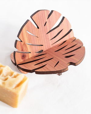 wood monstera soap holder